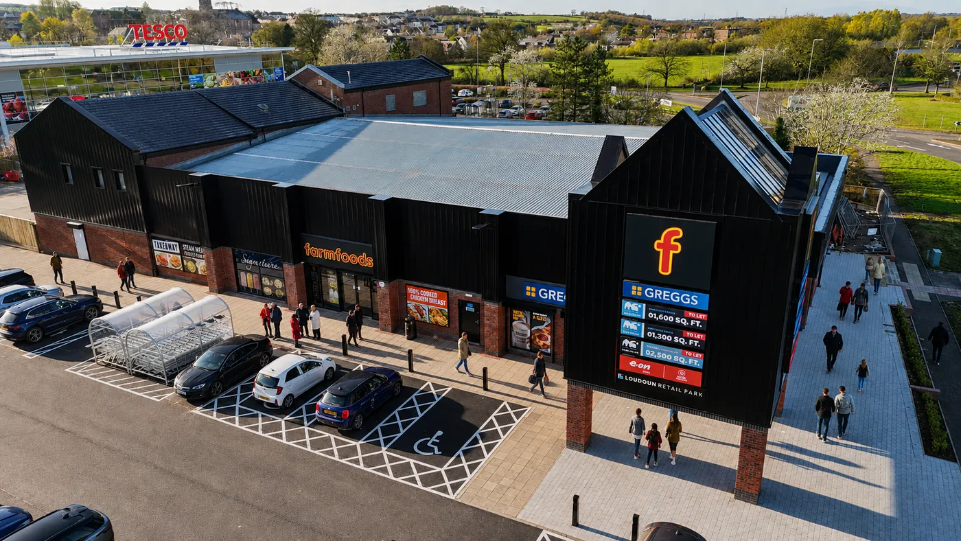Aerial view of Loudoun Retail Park on a bright day, showing Farmfoods, Greggs, the tenant totem and accessible parking